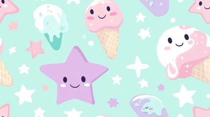 Seamless Adorable Ice Cream Cones and Stars on Mint Green Background Pattern
