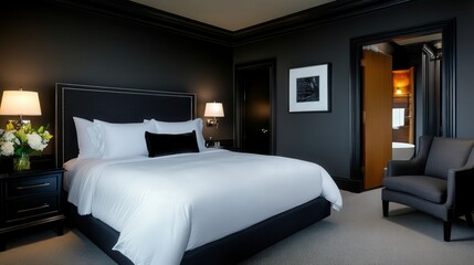 A sophisticated dark-themed bedroom with charcoal gray walls, a plush king-size bed, and elegant lighting