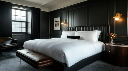 A sophisticated dark-themed bedroom with charcoal gray walls, a plush king-size bed, and elegant lighting