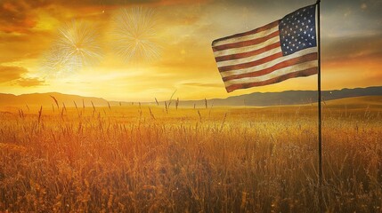 Patriotism Sunset field, waving flag, fireworks