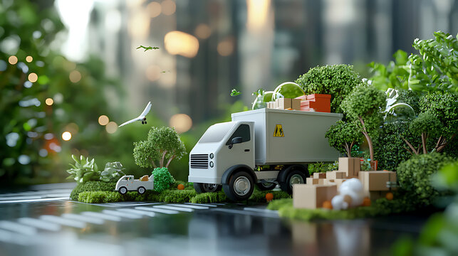 Innovative green logistics hubs utilizing self-driving delivery systems urban environment digital art futuristic viewpoint sustainable concepts