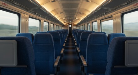Empty train car seats facing forward during daylight travel