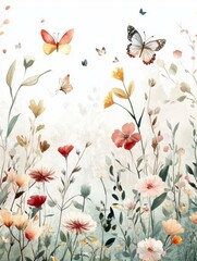 Naklejka premium Colorful Butterflies and Vibrant Flowers in Soft Pastel Background