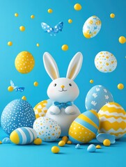 Easter sales and discount week, large set blue and yellow discounts banner in minimalism style with Easter icons and buttons. Simple stylish discount banner for website