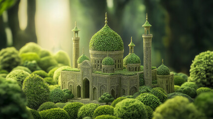 Miniature Green Mosque Made Of Plants Surrounded By Lush Nature