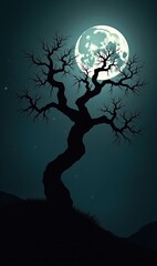 A haunting silhouette of a twisted tree against a luminous moon, ideal for evoking mystery and nature themes in design projects.
