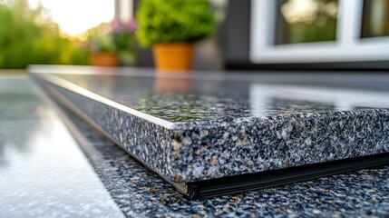 Polished granite steps, outdoor home entrance, landscaped garden backdrop