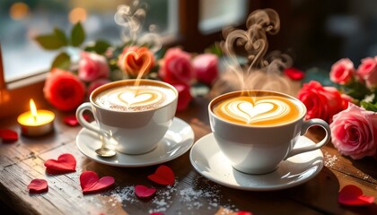 Fototapeta premium A table in a warm cafe displaying Valentine's Day coffee and roses, setting the perfect mood for a romantic date