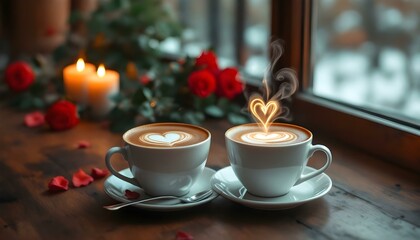A cozy cafe table featuring Valentine's Day coffee and roses, creating a romantic ambiance for couples