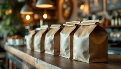 A selection of roasted coffee bean bags is arranged on a wooden counter, enhancing the cozy vibe of the cafe