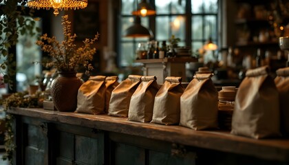 Neatly organized bags of roasted coffee beans sit on a wooden counter in a welcoming cafe environment