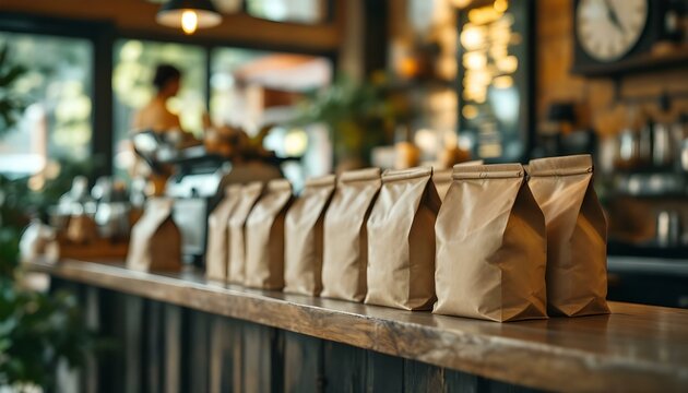 A wooden counter in a cozy cafe displays neatly lined coffee bags, emphasizing their roasted coffee bean packaging
