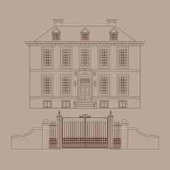 Card with front of old English house and the gate.