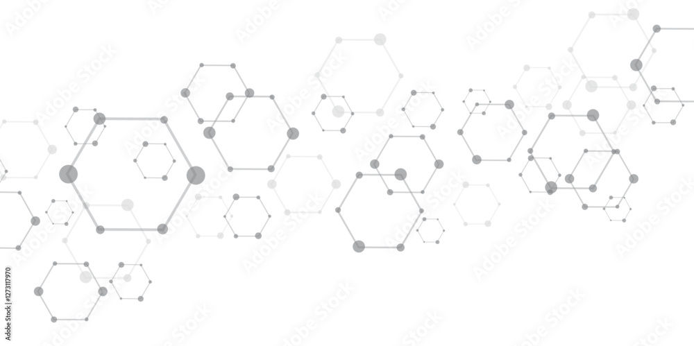 Poster Molecular structure abstract tech background. Geometric white background. Vector banner design with hexagons. Science network pattern, connecting lines and dots Medical background, Vector illustration