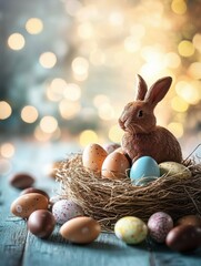 easter, holidays and object concept - close up of colored eggs in straw nest and chocolate bunnies on wooden table over bokeh lighs