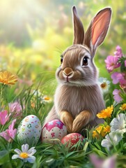 Cartoon easter bunny. Rabbit hiding, bunnies with eggs and flowers. Cute springtime characters, hare painted and chicken. Seasonal holidays decent vector animals