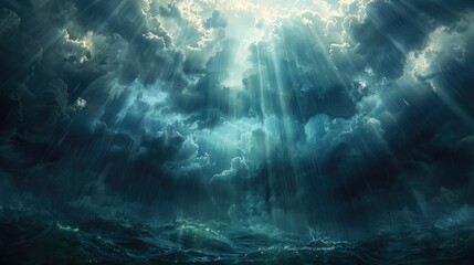 View of blue sky with thick dark cumulus clouds through which rays of sun are breaking through. Concept of religion, faith, divine light