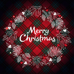 Christmas card with wreath on tartan background. 