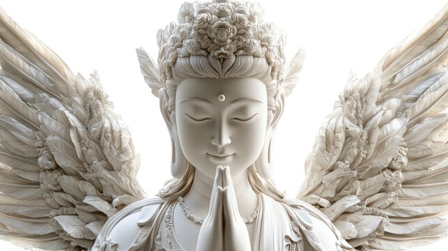 A Buddhist bodhisattva depicted with angelic features, serene face, and soft wings, symbolizing universal love on a white background.