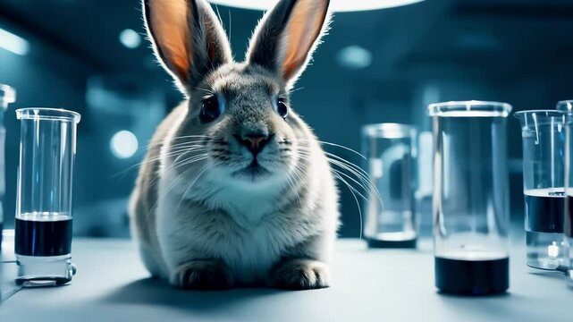 In a fascinating moment, a rabbit wanders through a laboratory filled with glass test tubes, showcasing a blend of curiosity and scientific exploration under bright lights.
