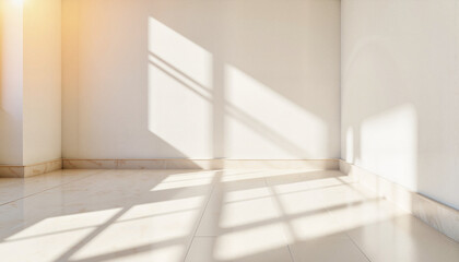 Fototapeta premium Sunlight illuminating polished white tile floor in modern interior, serenity