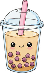 Watercolor pastel color dessert boba tea, cartoon illustration