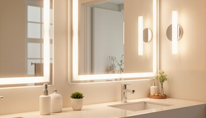 Fototapeta premium Elegant illuminated vanity in luxury bathroom, serene ambiance