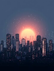 Obraz premium Futuristic city skyline at sunset urban landscape digital artwork neon lights aesthetic viewpoint contemporary concept