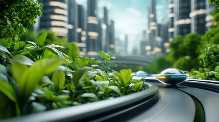 Urban delivery systems in high-tech ecologistics hubs futuristic cityscape digital art green environment aerial view innovation in sustainable transport
