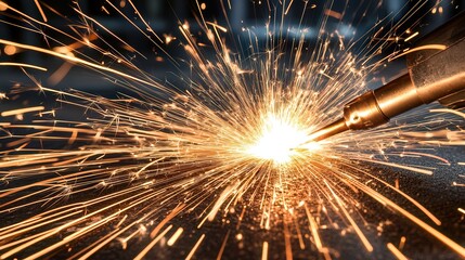 Welders at work in a metal fabrication workshop, sparks flying