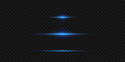 Set of glowing light effects. Horizontal neon laser beams. On a transparent background.