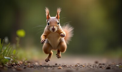 Obraz premium A lively squirrel captured mid-leap, showcasing its playful energy in a natural setting. Perfect for wildlife, nature, and outdoor themes.