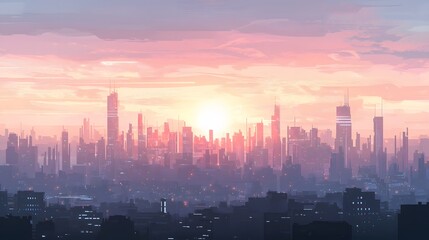 Futuristic city skyline at sunset urban landscape digital art neon lights aesthetic viewpoint