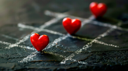 Fototapeta premium Three glossy red heart-shaped objects are placed on a tic-tac-toe grid drawn with white chalk on a dark textured surface. The artistic composition symbolizes love.
