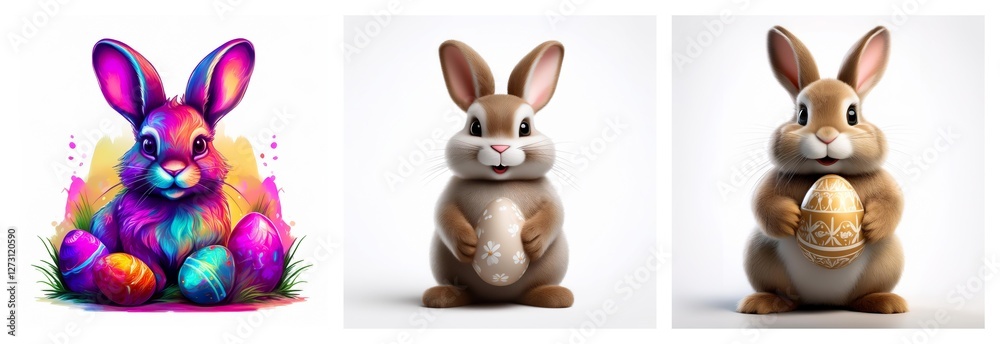 Poster cute bunnies and easter eggs are presented in three different styles. one bunny is colorful, while t