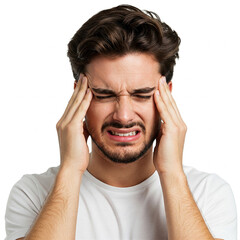 Naklejka premium portrait of a young man with headache. Young man showing how much head hurts, experiencing pain, looking miserable and exhausted. Headache concept. white background.