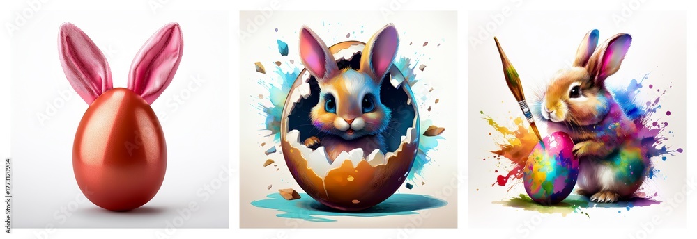 Poster description: three easter themed images showing a bunny egg with ears, a bunny hatching from an egg,