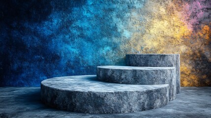 Fototapeta premium Moody blue and gold light illuminates three textured stone display platforms. AI Generated