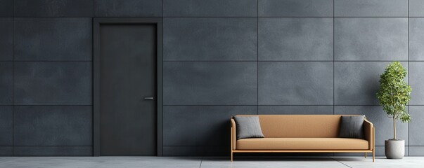 Modern Minimalist Living Room with Stylish Brown Sofa and Simple Green Plant Against Dark Wall Background