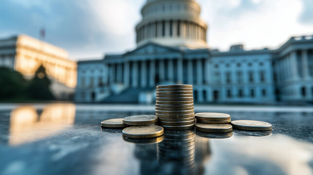 A small stack of coins in front of a vast government building, illustrating the concept of inflation eroding economic value over time.