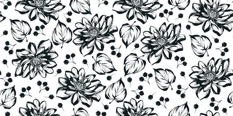 Floral Seamless Pattern with Black Flower Heads, Leaves and Berries. Modern grunge silhouettes and bulky ink herbs. Hand painted plants isolated on cream background