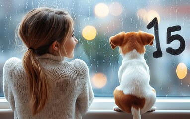 Woman, puppy, rainy window, city lights, advent calendar