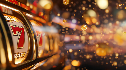 A digital 3D artwork of a casino slot machine background featuring the iconic 777 symbols in bright gold, illuminated by dazzling lights and radiant bursts of color, with soft flar