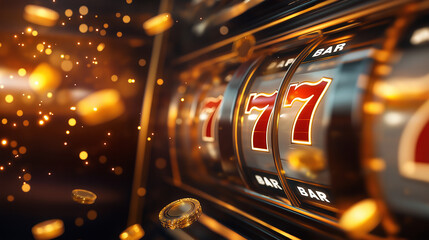 A digital 3D artwork of a casino slot machine background featuring the iconic 777 symbols in bright gold, illuminated by dazzling lights and radiant bursts of color, with soft flar
