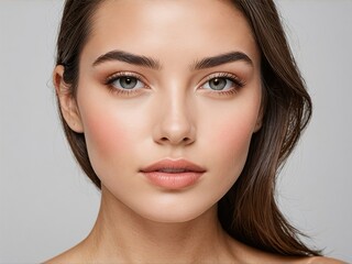 Fototapeta premium Elegant young woman with clear skin and blue-green eyes. Close-up beauty portrait with soft lighting and minimalistic background.