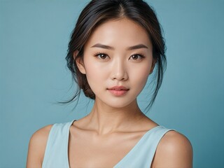 Fototapeta premium Elegant young Asian woman in a soft blue dress, with natural beauty and radiant skin. Studio portrait with a pastel blue background.