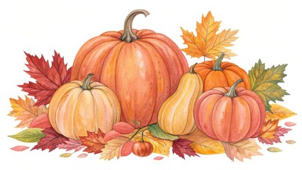 Autumn Watercolor Pumpkins and Leaves Composition, Watercolor Painting, Thanksgiving, Fall Harvest Keywords Pumpkins, Fall