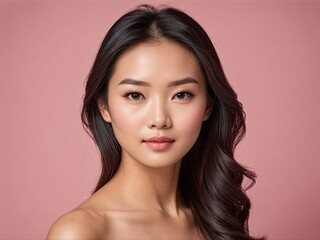 Fototapeta premium Studio portrait of a beautiful young Asian woman with soft curls and radiant skin. Pink background enhancing a feminine and elegant look.