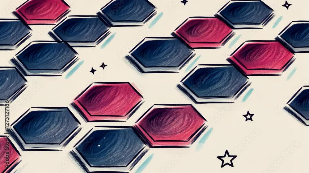 Poster a close up of a blue and red hexagon. the blue hexagon is surrounded by red hexagons