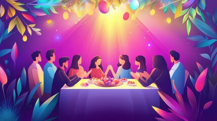 Tiny people, Christian family at table praying and celebrating Easter. Christian event, Christian holy days, religious dates calendar concept. Bright vibrant violet vector isolated illustration